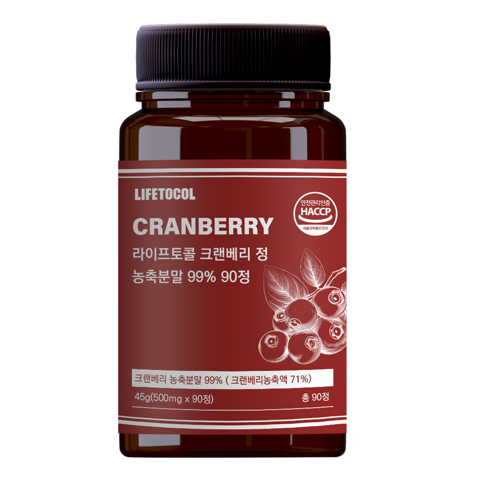 라이프토콜 크랜베리 정 농축분말 99% 500mg x 90정, 1개
