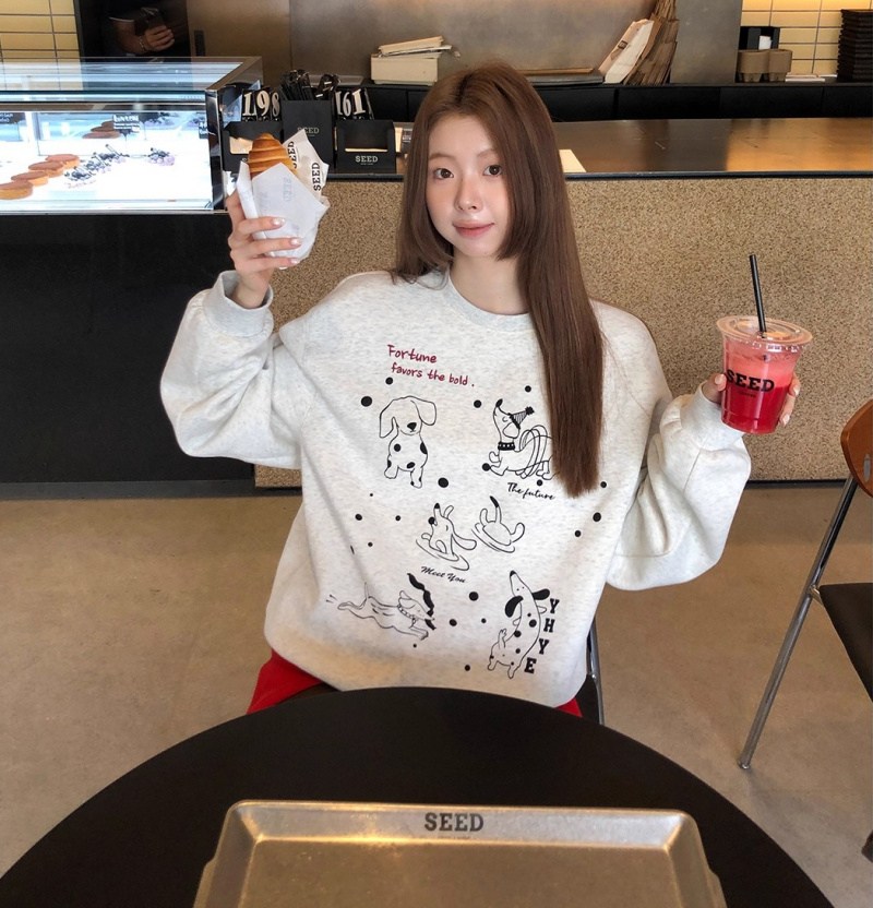 해피유통 여성용 귀여운 동물 프린트 루즈핏 긴팔 맨투맨 티셔츠 데일리 M 연회색 M