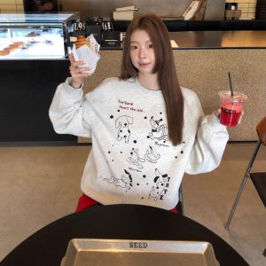 해피유통 여성용 귀여운 동물 프린트 루즈핏 긴팔 맨투맨 티셔츠 데일리 M 연회색 M