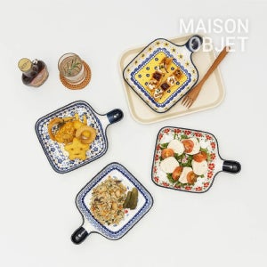 프라카 폴란드풍 도자기 사각 핸들 앞접시 4P 세트