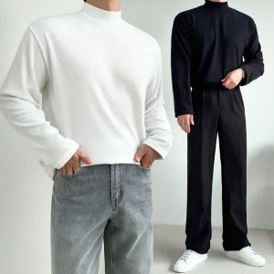 [1+1반값할인] 오버핏 기모 럭키 이너 스판 반 폴라 니트 긴팔티_(14color)