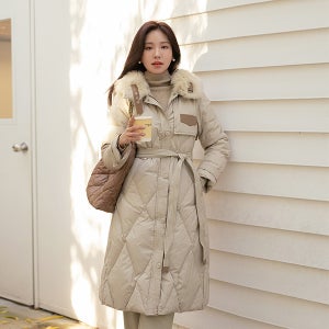 리얼 라쿤 퍼 가죽 패치 덕다운 100% 롱 패딩