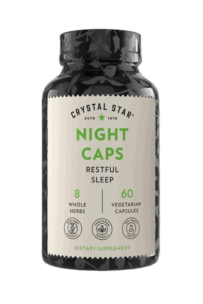 Crystal Star Night Caps 천연 수면 보조 보충제 (60캡슐) - 허브 습관 형성 - 발레리안 뿌리 카바 및 패