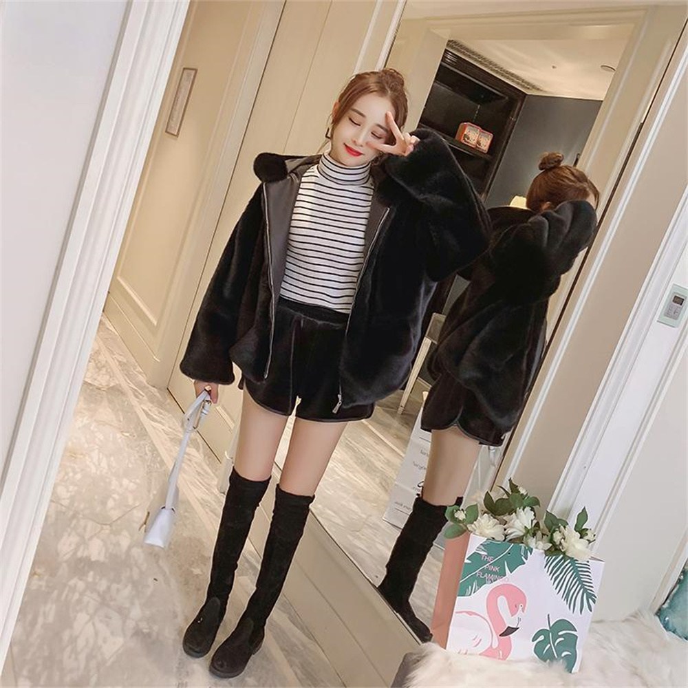 besteffie 여성 인조 모피 후드 짧은 자켓 가을 겨울 따뜻한 캐주얼 K88 블랙 M