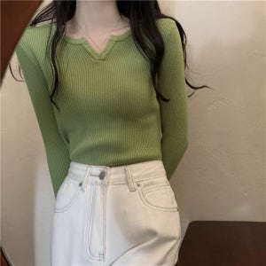 해피유통여성 트렌디 V넥 니트 상의 슬림핏 캐주얼 디자인 XG19  M  녹색  M