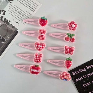 10개세트 레드 핑크 귀여운 똑딱이핀 헤어 체크 머리핀, 르비엘