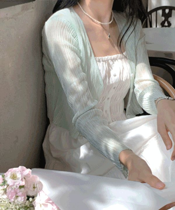 내일도착 가디건 [햇볕차단🌿7색] 여리여리 시스루 크롭 볼레로 가디건 , 여름 봄 가을 간절기 얇은 쿨 린넨 시원한 거즈면 슬림 골지 살안타템 심플 브이넥 단추 미니 숏 민트 화