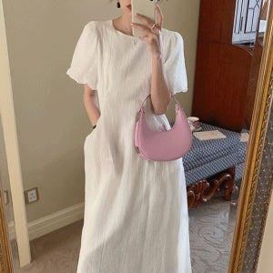 내일도착 롱원피스 [당일출고] 나랑 여름 반팔 퍼프 플리츠 하객원피스 블랙 화이트 그린 올드머니룩 봄 가을 결혼식 피로연 상견례 롱원피스