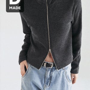 내일도착 가디건 [MADE] 빅사이즈 55-99 헤리스 골지 하이넥 세미 크롭 투웨이 집업 가디건