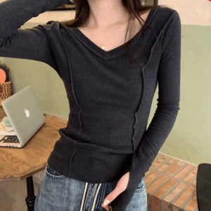 내일도착 긴소매티셔츠 [💖빠른 배송💖] 촉감대박 유넥 쫀쫀 절개 슬림 기본 브이넥 무지 유넥 슬림 간절기 얇은 긴팔 캐주얼 타이트 긴팔 재고정리 창고 정리 노마진 원가 이하 세