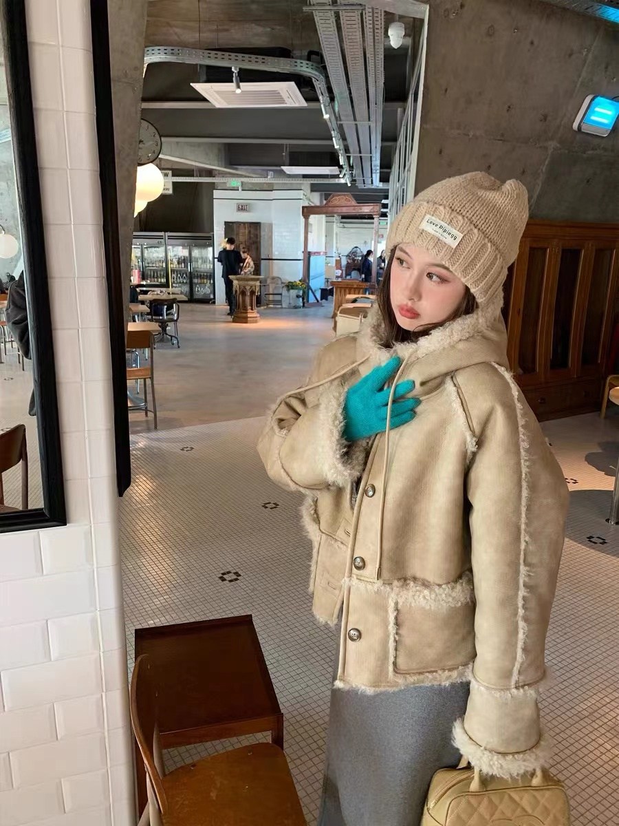 빈티지 카키 스웨이드 퍼 일체 후드 패치 스웨이드 하프 코트 M 이미지 색상