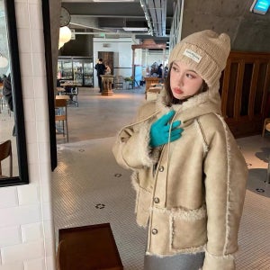 빈티지 카키 스웨이드 퍼 일체 후드 패치 스웨이드 하프 코트 M 이미지 색상