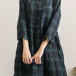 체크 프릴 핀턱 린넨 원피스