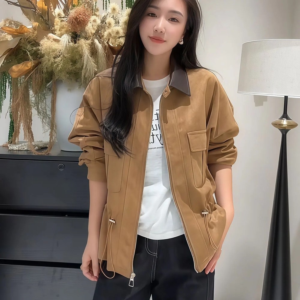 사파리 자켓 여성 집업 가을 워크웨어 스타일 스트링 디테일 루즈핏 오버사이즈 캐주얼 데일리 스트릿 패션 유틸리티 포켓 디자인 한국 트렌드 아우터 브라운 라지 카키 【원본 정품