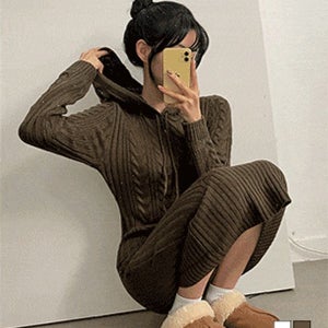 롱원피스 [무료배송] 꾸안꾸로 딱 좋은 꽈배기 후드 롱 니트원피스
