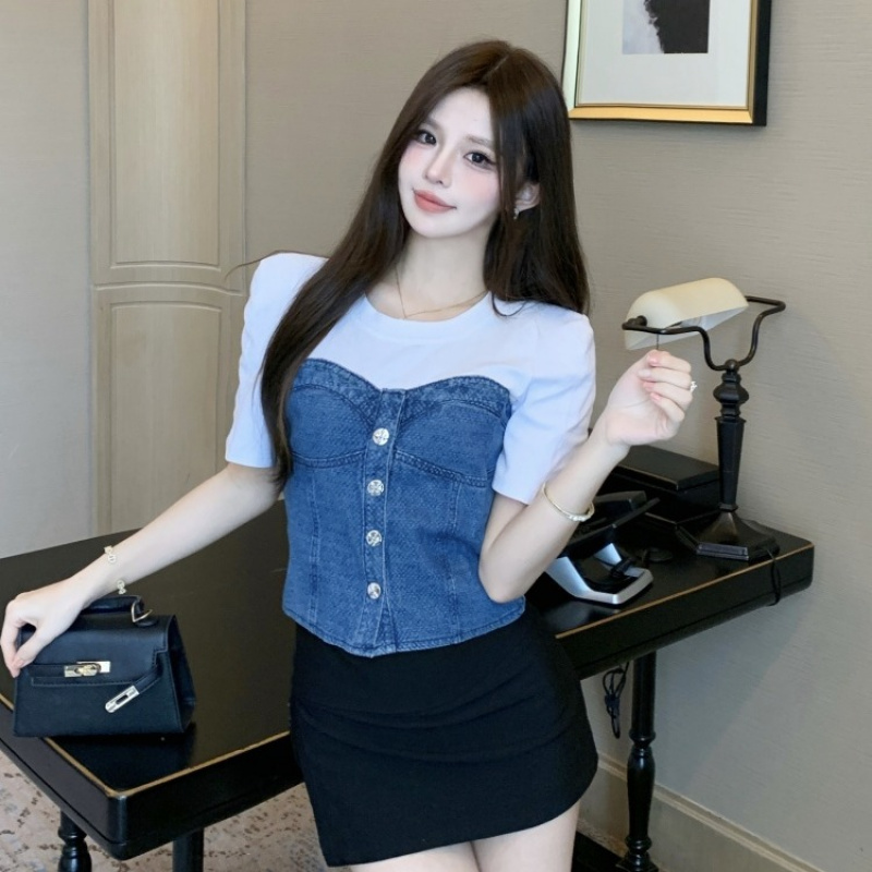 해피유통 여자 반팔 티셔츠 봄 여름 빈티지 라운드 통근 슬림 데님 상의 CLY S 파란색과 흰색 색상 일치 S