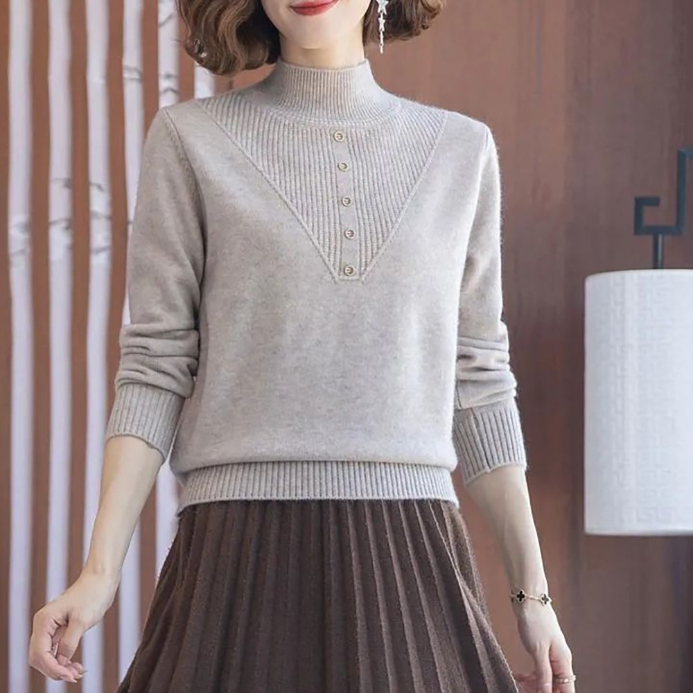 ROYALBELLE 여성 반하이넥 버튼장식 루즈핏 긴팔 골지소매 캐주얼 데일리 니트 스웨터 D00111004 베이지낙타색 S