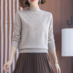 ROYALBELLE 여성 반하이넥 버튼장식 루즈핏 긴팔 골지소매 캐주얼 데일리 니트 스웨터 D00111004 베이지낙타색 S