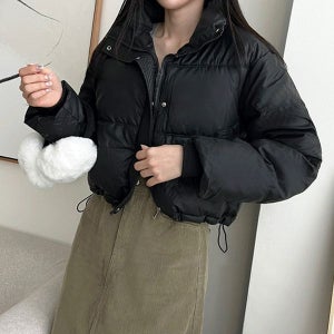 내일도착 하프/숏패딩 [레더패딩/밑단스트링/고급광택/레더크롭패딩/도톰경량패딩] 데빈 레자 스트링 크롭 패딩