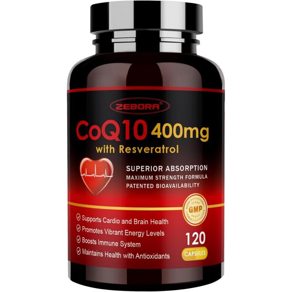 레스베라트롤 퇴행성 질환 트랜스 PQQ 비타민 E 함유 제보라 <b>CoQ10400</b>mg 고 코엔자임Q10 <b>바이오페린</b> 에너지 생산 제 120개  120 Count (Pack of 1)