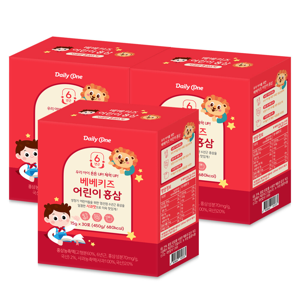 데일리원 데일리원 베베키즈 어린이 <b>홍삼</b> 유아 아동 젤리 15g X 30포 3통