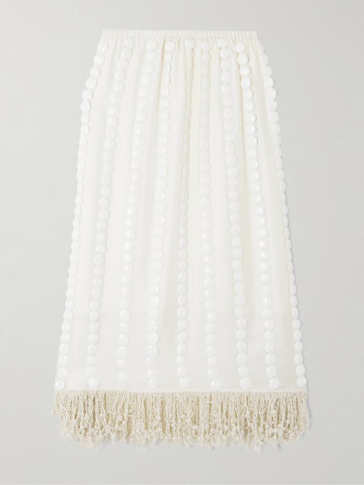 DIOTIMA Coverley embellished fringed silk-satin midi skirt 46376663162909465