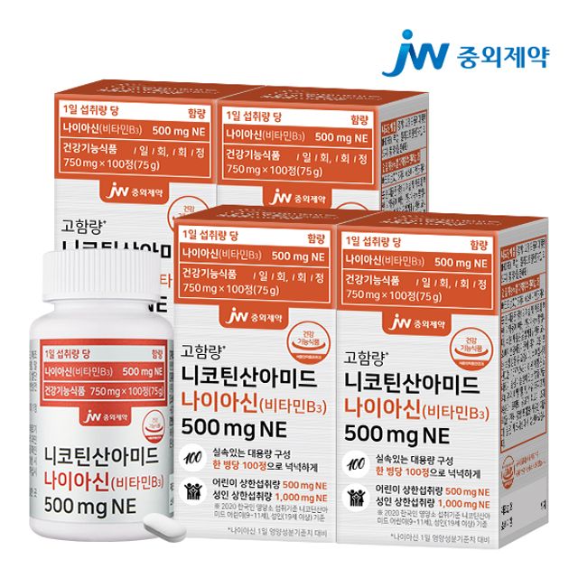 <b>JW중외제약</b> <b>JW중외제약</b> 니코틴산아미드 나이아신 <b>비타민B3</b> 500mgNE 4병 (400정)