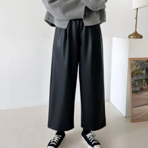 여자 넓은 와이드팬츠 가죽 레더 10부 팬츠 (28397835)