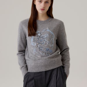 [MICHAA] 자카드 비딩 장식 라운드 니트 [MIPBKPO600]