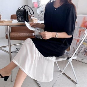 [옷자락]여자 큰사이즈 콘트라스트 반소매 SS 프릴 등원룩 롱원피스