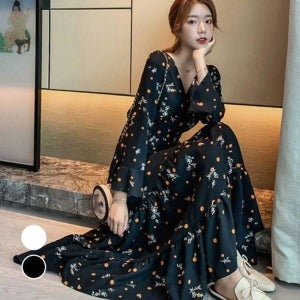 [하프클럽]플라워러블리룩 하늘하늘 화사한 유니크 가을패션 롱핏 드레스