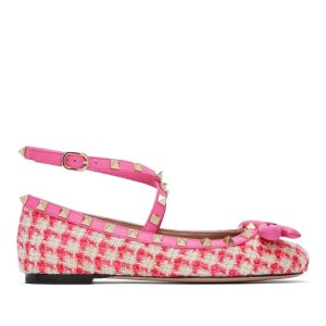 발렌티노 핑크 락스터드 트위드 발레리나 플랫 슈즈 251807F118002