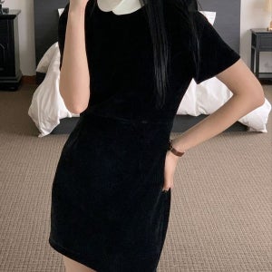 내일도착 미니원피스 파티 벨로아 둥근카라 벨벳 하객룩 파티룩 연말 반팔원피스