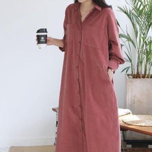 [옷자락]여자 FW 셔츠원피스 코듀로이 큰사이즈 더블포켓 롱원피스