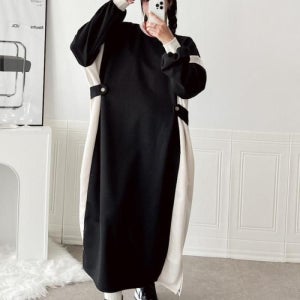 [옷자락]여자 단추 큰사이즈 투컬러 보온 겨울홈웨어 롱원피스