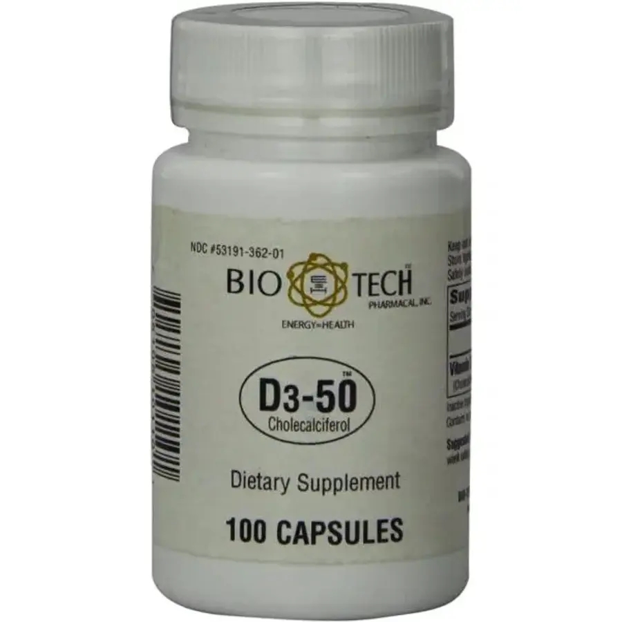 Bio-Tech Pharmacal D3-50 50,000 IU, 100 Capsules Ð All-Natural Supplement Ð Supports Bone, Heart N
