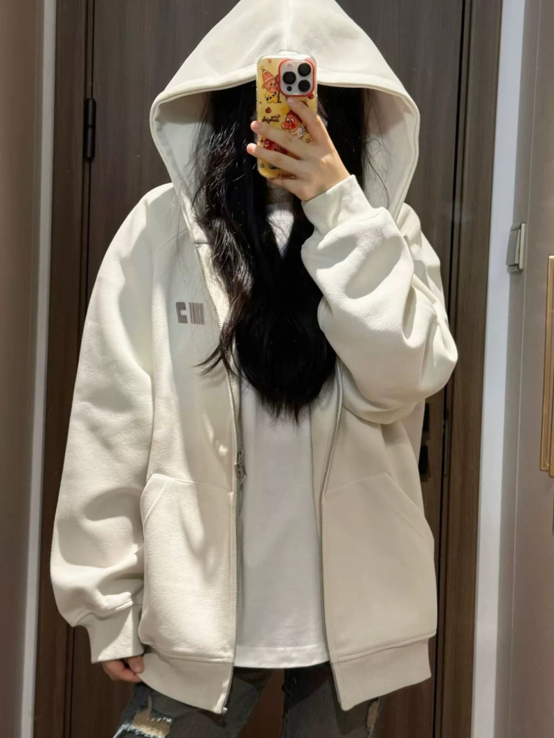 해피유통 여성 봄 가을 후드 루즈핏 지퍼 후드티 캐주얼 긴팔 면혼방 후드집업 M 베이지색에 벨벳을 더한 M