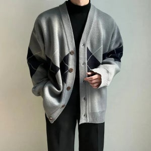 [핏보장] [당일출고] 남자오버핏가디건 아가일 빅사이즈 봄 가을 패턴 v넥 울 니트 가디건
