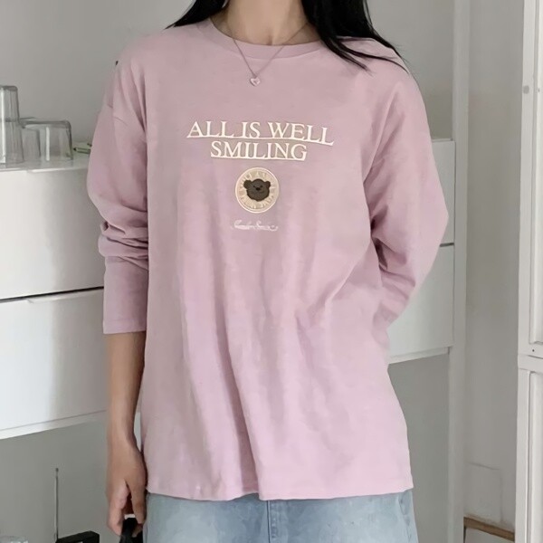 여성 코튼 <b>스마일 베어</b> 박시핏 티셔츠