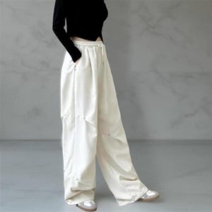 여성 미니멀리즘 넓은 리벳 핀턱 팬츠