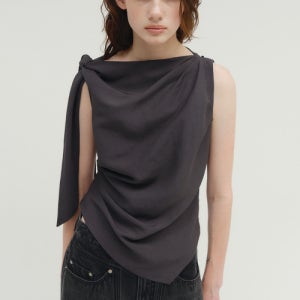 [솔티페블] LINEN DRAPING TIED BLOUSE [DARK GREY] SK1C2MSV21GRD