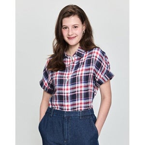 [헤지스] 헤지스 여성 린넨 반소매체크 네이비  (HSSH5B409N2)