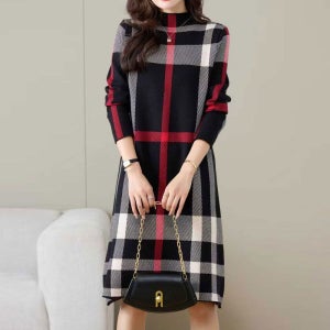 [패션플러스][까르죠아]크리스마스 체크 원피스 겨울 가을 폴라 여자 미시의류 50대여성의류