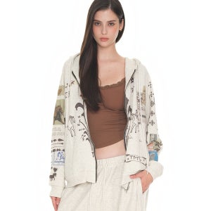 [투머치택스] [라이즈 원빈, 제니 착용] PRINTED WAFFLE ZIP-UP HOODIE (IVORY)