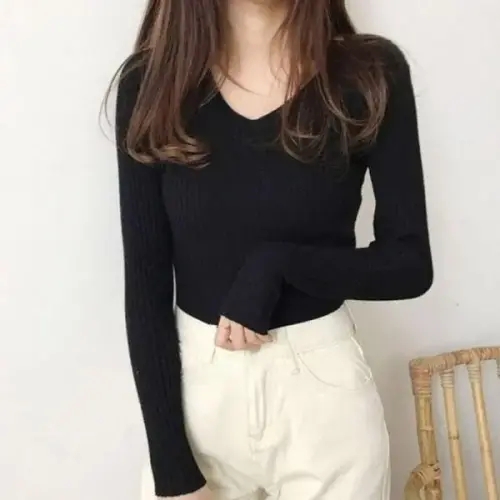 <b>V라인</b> 니트립 상의 4가지 색상 레이디스데이트 스타일링 롱슬리브 숏<b>티 스탠다드</b> 크