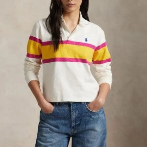 폴로랄프로렌 칼러블럭 카튼 저지 럭비 셔츠 긴팔 티셔츠 데크와쉬 화이트