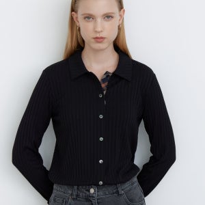 [닥스 여성] [클리어런스][스테디셀러]블랙 골지 체크 배색 긴소매 카라 티셔츠 WKTS4D891BK