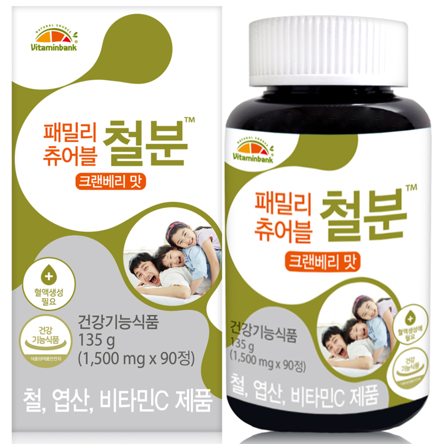 <b>비타민뱅크</b> 패밀리 츄어블 철분 크렌베리맛  90정  1개