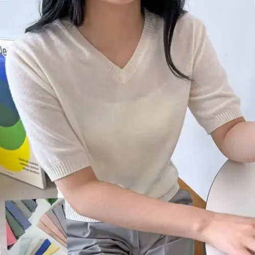 여자 브이넥 반팔 니트<b>티 스탠다드</b> 데일리 가을 <b>직장인</b>니트티 패션 겨울니트티