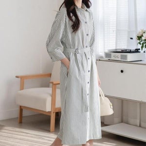 모드제니 [하프클럽] 카라 스트라이프 벨티드 셔츠형 롱원피스 3컬러 룩북